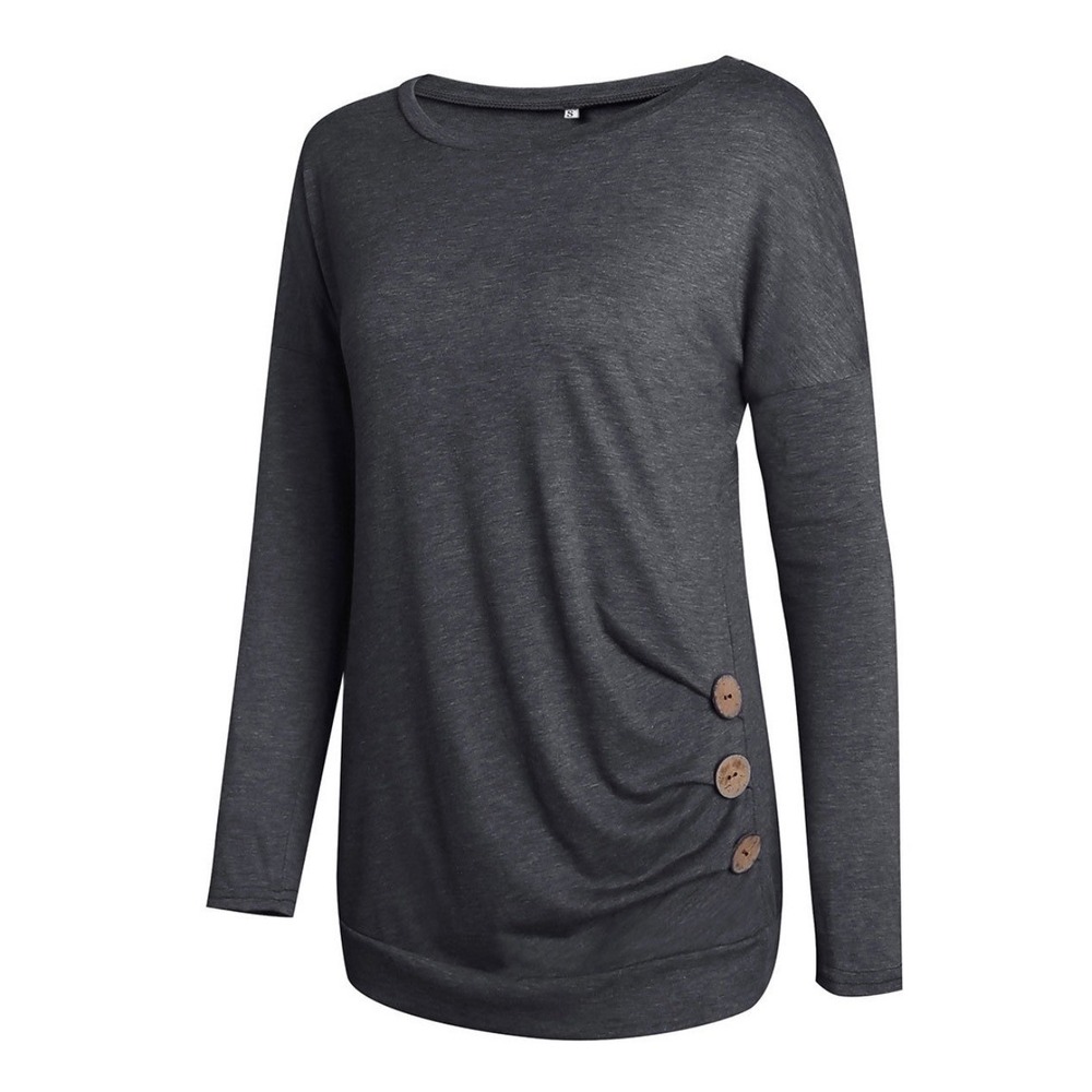 Tunic Shirt Womens M Gray Long Sleeve Boat Neck Side Button Accent Ruched